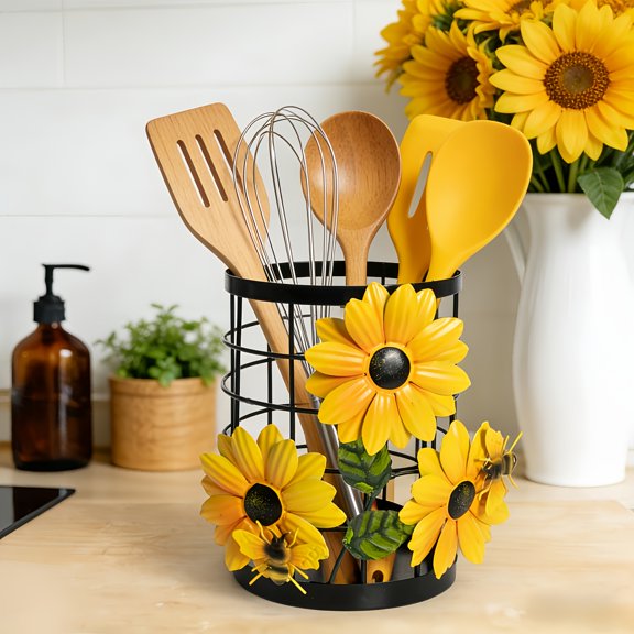 Sunflower Flatware Storage Basket | Open Kitchen Countertop Organizer, Iron Material with Varnished Finish, Stylish & Functional Housewarming Gift