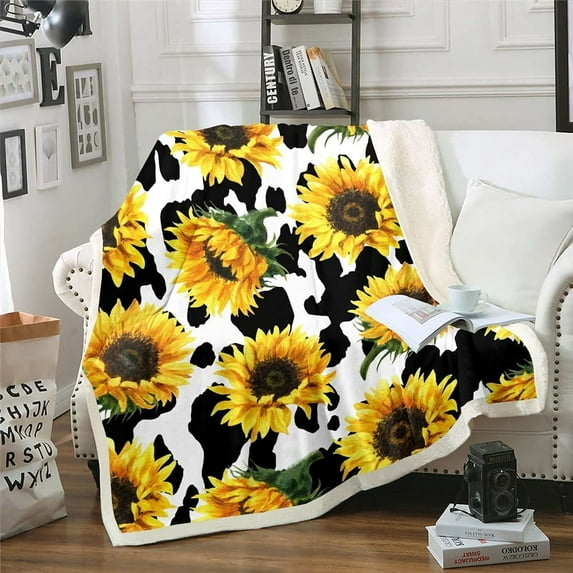 Sunflower Fleece Throw Blanket Botanical Floral Plush Blankets and Throws Yellow Sunflower Cows Print Sherpa Blanket Soft Lightweight Cover 50" x 60"\u2026