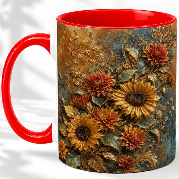 Sunflower Floral Accent Mug, 11oz Ceramic Coffee Cup for Flower Fans