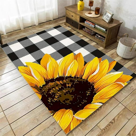 Sunflower Floral Area Rug, Girly Garden Yellow Flower Washable Rugs,Black And White Plaid Check Patchwork For Living Room Rug Non Slip Washable Bedside Farmhouse Study Home Decor 5x6ft