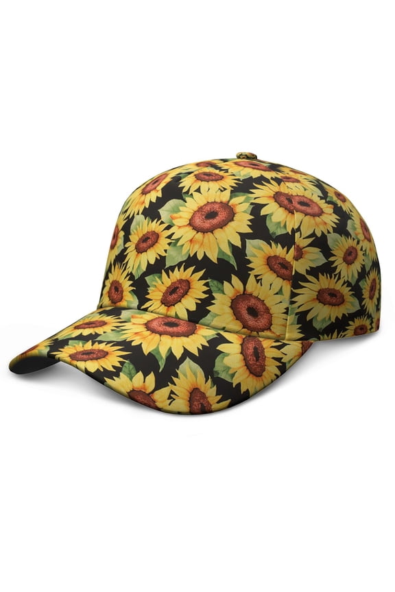Sunflower Floral Baseball Cap – Boho Vintage Yellow Rustic Farmhouse Adjustable Dad Hat with Watercolor Artistic Pattern, Bright Summer Autumn Bloom Design