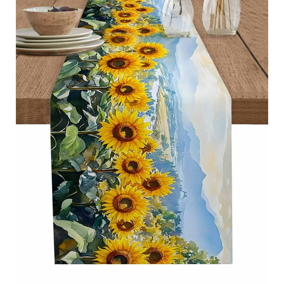 Sunflower Floral Burlap Cotton Table Runner 13x48 Inches Long, Pastoral Mountain Field Summer Farmhouse Table Runners, Outdoor Dining Tablecloths Decor for Baby Shower/Party/Wedding