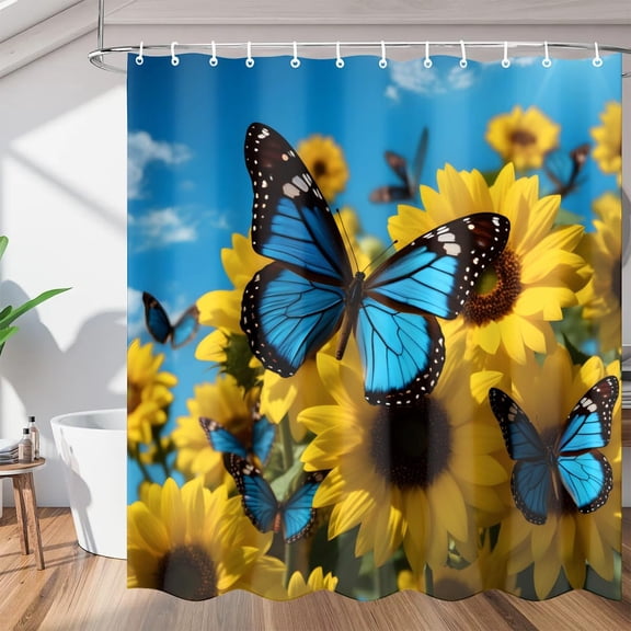 Sunflower Floral Butterfly Shower Curtains, Waterproof Fabric, Washable Polyester Bath Curtain for Bathroom with Hooks 36"W x 72"H