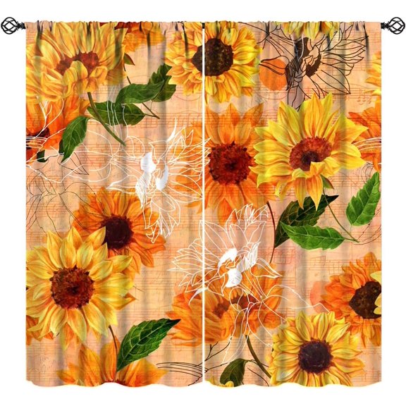 Sunflower Floral Curtains Retro Flower Art Printed Blackout Window Drapes for Bedroom Living Room Kitchen Decor Fabric Set 2 Panel 55x63 Inch 80% Shading Rate