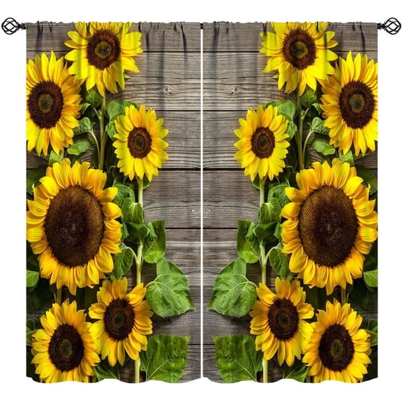 Sunflower Floral Curtains Spring Flower Rustic Wooden Barn Door Art Printed Blackout Window Drapes for Bedroom Kitchen Decor Fabric Set 2 Panel 52x84 Inch 80% Shading Rate