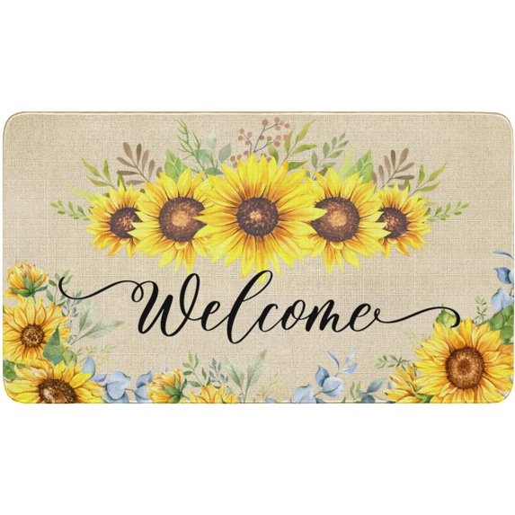 Sunflower Floral Decor Welcome Entrance Door Mat, Spring Summer Flower Home Decoration Non-Slip Indoor Outdoor Front Doormats Rug 17x30 Inch