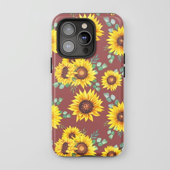 Sunflower Floral Design for All iPhone Series Tough Phone Case Watercolor Style Red