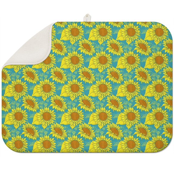 Sunflower Floral Dish Drying Mat for Kitchen Counter, Foldable 18x24 Inch Microfiber Rack Pad, Absorbent Surface for Dishes