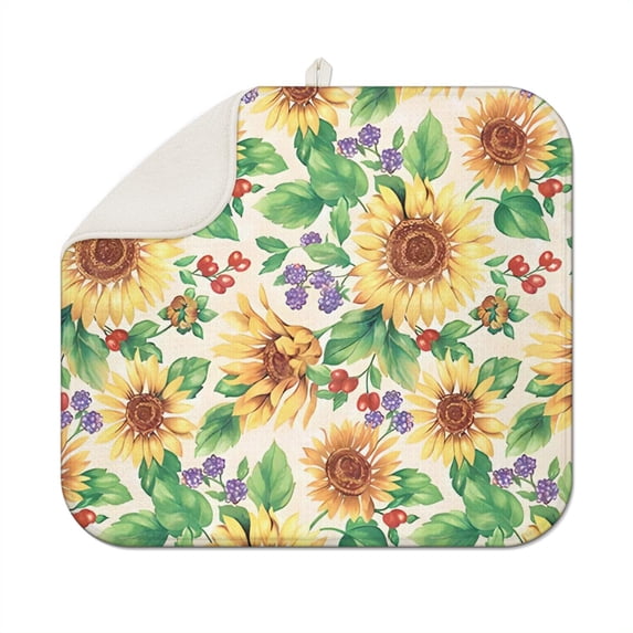 Sunflower Floral Dish Drying Mat for Kitchen Countertop, Microfiber Absorbent Drying Pad, Foldable Dish Rack Mat for Sink Area, 16x18 Inch