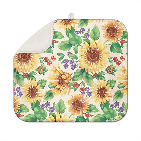 Sunflower Floral Dish Drying Mat for Kitchen Countertop, Microfiber Absorbent Drying Pad, Foldable Dish Rack Mat for Sink Area, 16x18 Inch