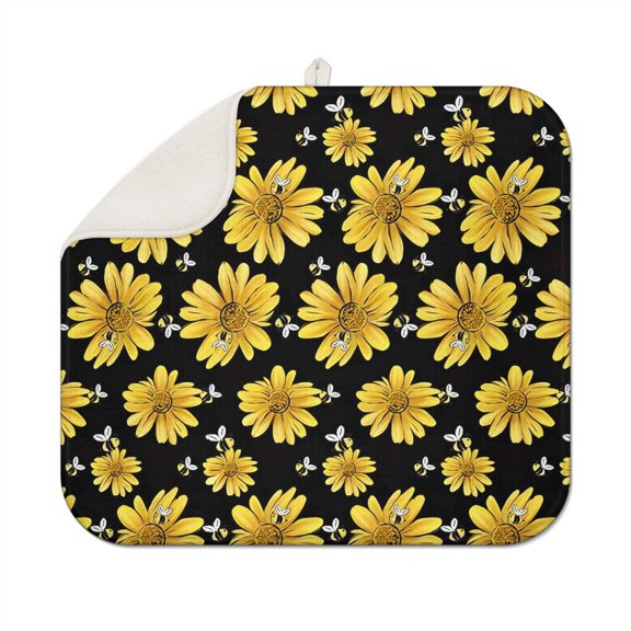 Sunflower Floral Dish Drying Mat for Kitchen Sink, Foldable Microfiber Pad, Absorbent Rack Drainer Mat for Countertop Use, 16x18 Inch