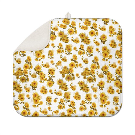Sunflower Floral Dish Mat for Drying Dishes, Microfiber Foldable Rack Pad, Absorbent Kitchen Counter Mat for Sink or Stove, 16x18 Inch