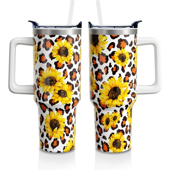 Sunflower Floral Gifts Cup for Women Men, 40oz Tumbler with Handle and Straw Lid, Sun Flower Print Lover Stainless Steel Water Bottle Mug (1PC)