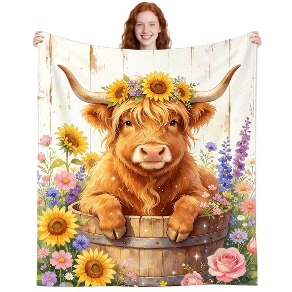 Sunflower Floral Highland Cow Blanket Gifts for Women Men Adults Highland Cow Lovers,Highland Cows Throw Blankets for Couch Sofa Bed Decor 50x40 Inch