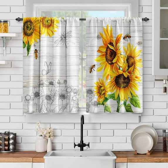 Sunflower Floral Kitchen Curtains - Flowers Bee Dragonfly Butterfly Short Curtains Rustic Wood Barn Door Farmhouse Decor Dining Room Rod Pocket Window Drapes 2 Panels Set, 28"x36"