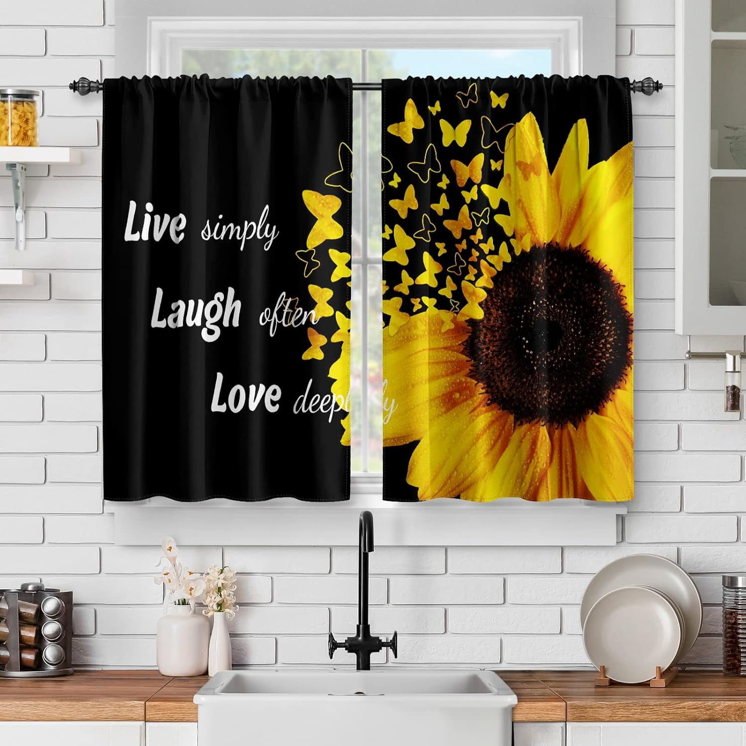 Sunflower Floral Kitchen Curtains - Yellow Flowers Butterfly Short ...