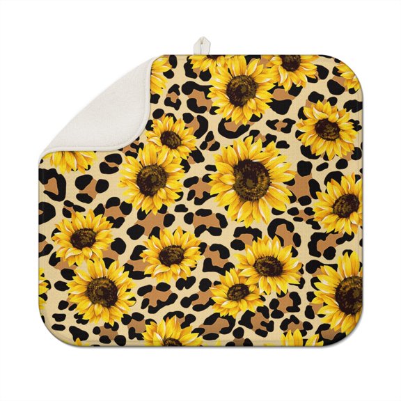 Sunflower Floral Kitchen Dish Drying Mat, 16x18 Inch Microfiber Counter Pad, Foldable Absorbent Drainer Mat for Daily Kitchen Use