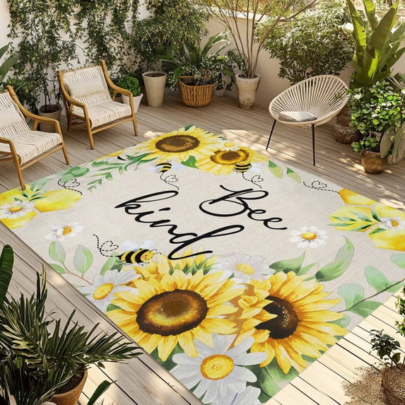 Sunflower Floral Outdoor Rug 6x9 Ft - Reversible Patio Rug Outdoor Camping Rugs, Farmhouse Pastoral Daisy Bees Beige Burlap Indoor Outdoor Area Rugs, Non-Slip Outdoor Carpet Runner for Deck/Porch