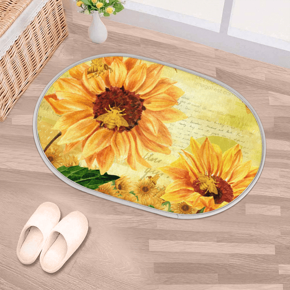 Sunflower Floral Oval Shaggy Bathroom Rug,ThickFloor Mat with Non-Slip Bottom, Ultra-Soft Absorbent Carpet for Living Room, Bedroom 23.6"x15.75"