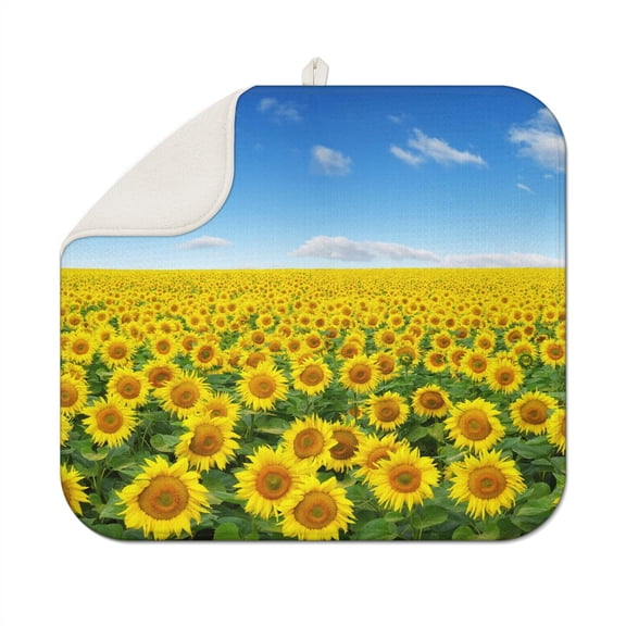 Sunflower Floral Pattern Kitchen Dish Drying Pad Microfiber Foldable Rack Mat Absorbent Drainer 16x18 Inch