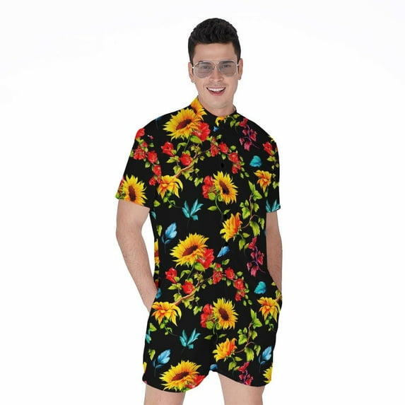 Sunflower Floral Pattern Short Sleeve Men'S Rompers Casual Summer Jumpsuits Outfit