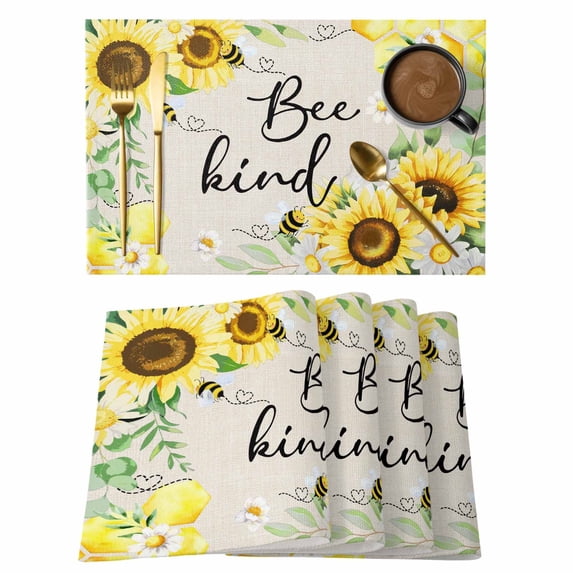 Sunflower Floral Placemats Set of 4, Farmhouse Pastoral Daisy Bees Beige Burlap Placemats for Dining Table, Place Mats for Kitchen Tabletop, Waterproof Wipeable Dining Table Mats Set