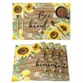 thumbnail image 1 of Sunflower Floral Placemats Set of 4, Farmhouse Pastoral Daisy Bees Brown Wood Placemats for Dining Table, Place Mats for Kitchen Tabletop, Waterproof Wipeable Dining Table Mats Set, 1 of 9