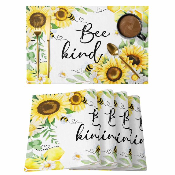 Sunflower Floral Placemats Set of 6, Farmhouse Pastoral Daisy Bees Botanical Placemats for Dining Table, Place Mats for Kitchen Tabletop, Waterproof Wipeable Dining Table Mats Set