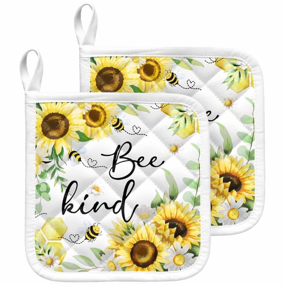 Sunflower Floral Pot Holders for Kitchen Heatproof Potholder, 2 Pack Farmhouse Pastoral Daisy Bees Botanical Hot Pads Multipurpose Oven Pads Cloth Potholders Trivet for Cooking and Baking