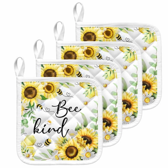 Sunflower Floral Pot Holders for Kitchen Heatproof Potholder, 4 Pack Farmhouse Pastoral Daisy Bees Botanical Hot Pads Multipurpose Oven Pads Cloth Potholders Trivet for Cooking and Baking