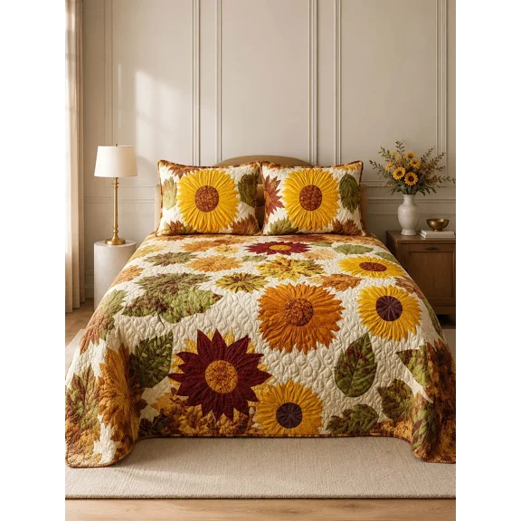 Sunflower Floral Quilted 3-Piece Bedding Set – Luxury Quilted Bedding With Matching Pillow Shams