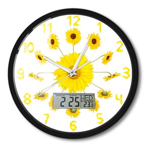 Sunflower Floral Round Wall Clock with Temperature Calendar Week LCD Display Nature Home Decor