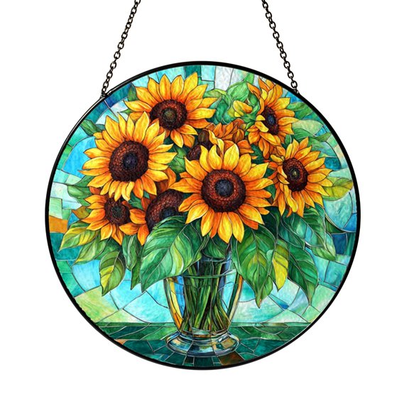 Sunflower Floral Stained Glass Window Decor Suncatcher, Uplifting Decorative Hanging Art
