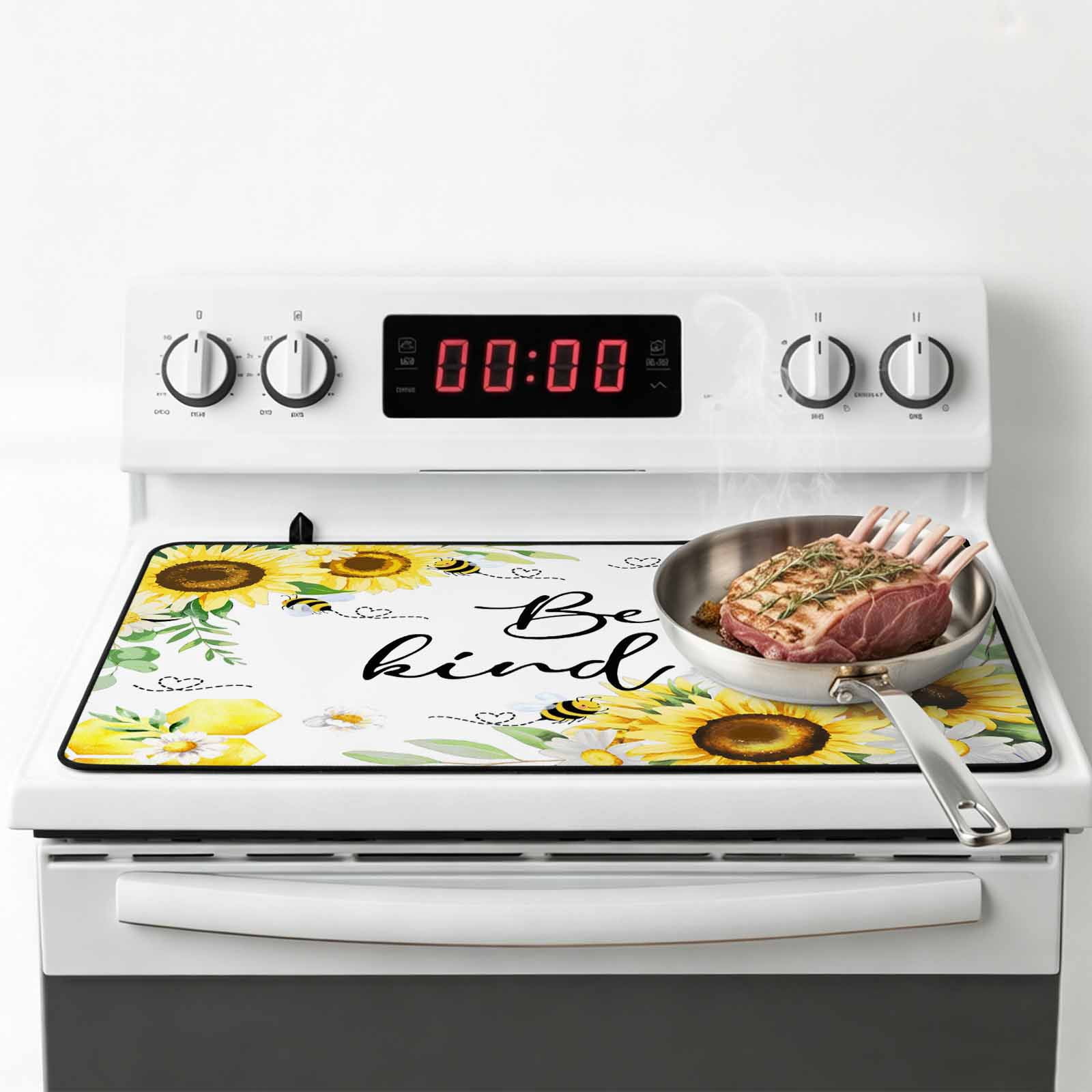 Sunflower Floral Stove Top Cover for Electric Stove, Heat-proof & Non Slip Glass Top Stove Cover Protector, Farmhouse Pastoral Daisy Bees Botanical Kitchen Flat Cooktop Rubber Mat 24x21 Inches