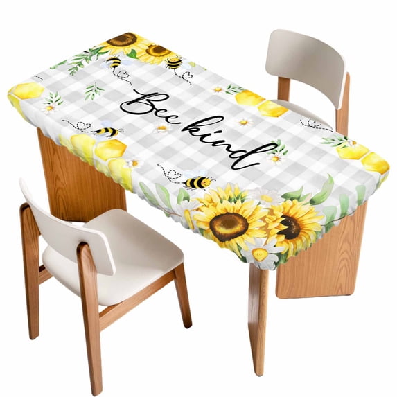 Sunflower Floral Table Cloths for 4 Foot Rectangle Tables, Farmhouse Pastoral Daisy Bees Grey Plaid Patio Waterproof Elastic Fitted Tablecloths, Washable Rectangular Table Cover for Camping