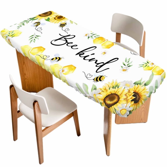 Sunflower Floral Table Cloths for 8 Foot Rectangle Tables, Farmhouse Pastoral Daisy Bees Botanical Patio Waterproof Elastic Fitted Tablecloths, Washable Rectangular Table Cover for Camping