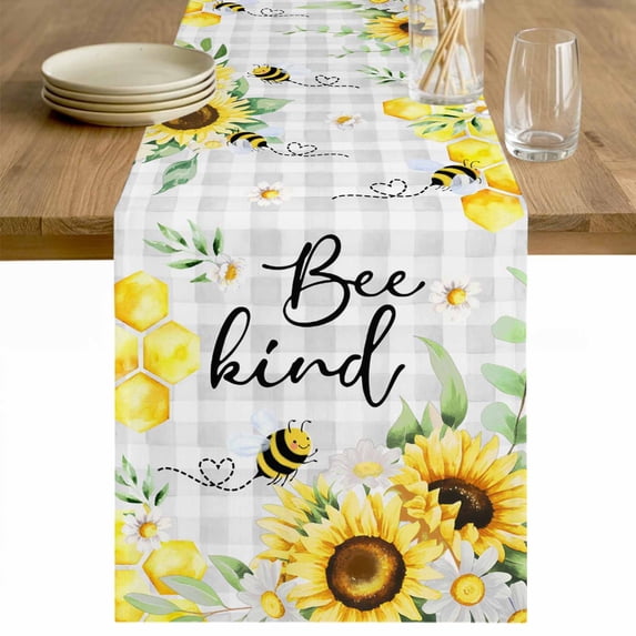 Sunflower Floral Table Runner 90 Inches Long Farmhouse Dress Scarves, Farmhouse Pastoral Daisy Bees Grey Plaid Dining Tablerunner for Coffee Table/Kitchen Island/Party Décor, 13" x 90"