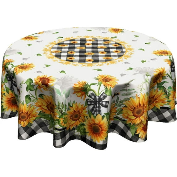 Sunflower Floral Tablecloth Round 60 Inch Buffalo Plaid Table Cloth Waterproof Reusable Table Cover Decorative for Picnic Party Holiday