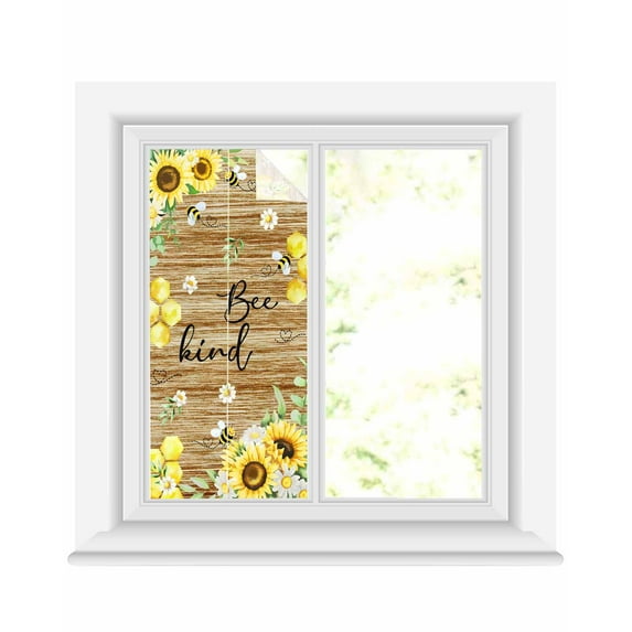 Sunflower Floral Window Privacy Film Stained Glass Window Film Decorative Windows Cover Static Windows Cling for Glass Door Farmhouse Pastoral Daisy Bees Brown Wood Stickers for Bathroom 19.6"x39.3"
