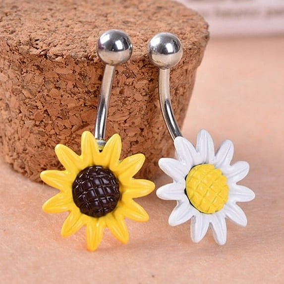 Sunflower Flower Bar Belly Button Barbell Ring Navel Body Piercing Jewelry,White