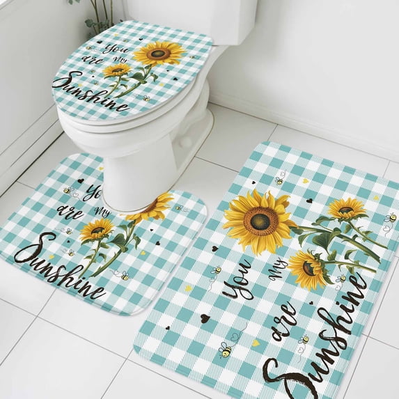 Sunflower Flower Bathroom Rugs Set You Are My Sunshine Bee Spring Plant Green Plaid Non Slip Absorbent Soft Bath Mats 3 Piece Set with Bathroom Rug, U-Shaped Floor Mat, Toilet Seat Cover Large Size