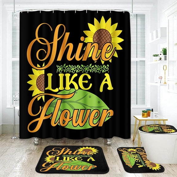 Sunflower Flower Bathroom Set with Shower Curtain and Rugs and Accessories, Summer Floral Yellow Sunshine Black Shower Curtain Set,Wildflower Shower Curtain for Bathroom Decor 4 Pcs