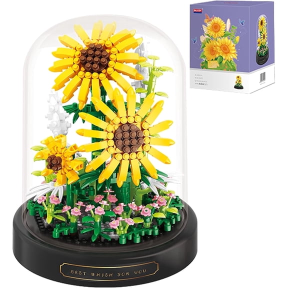 Sunflower Mini Building Bouquet, Botanical Building Bricks Set with Transparent Display Cover for Home Office Decor