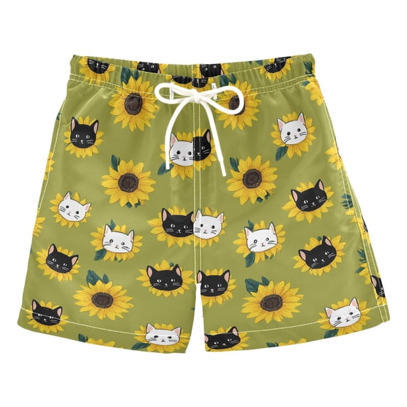 Sunflower Flower Cat Pattern Swim Trunks Quick Dry Beach Pool Board Shorts Lightweight Stylish Print Sizes 2T to XL