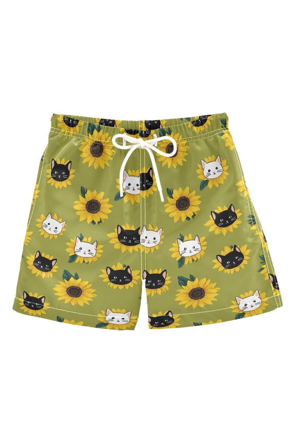 Sunflower Flower Cat Pattern Swim Trunks Quick Dry Beach Pool Board Shorts Lightweight Stylish Print Sizes 2T to XL