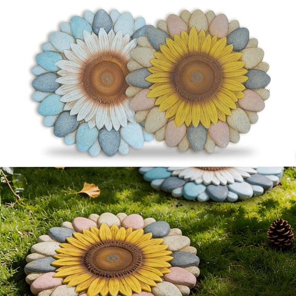 Sunflower Flower Cement Stepping Stones, 2 Pack, 10 Inch, Heavy Duty Non-Slip Outdoor Walkway Decor for Yard, Patio, Lawn