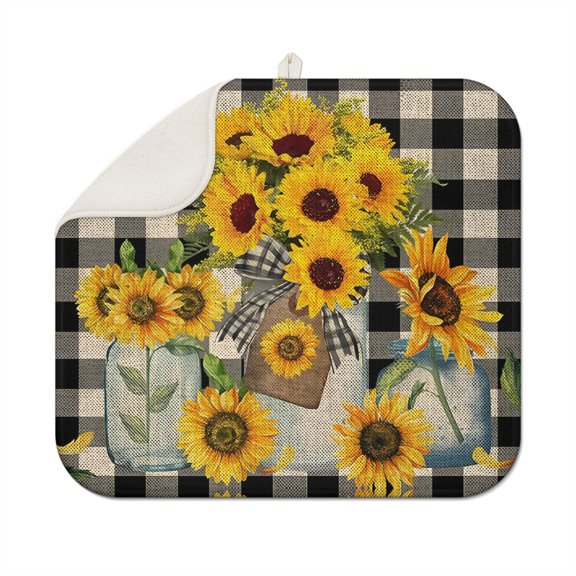 Sunflower Flower Dish Drying Mat, Absorbent 16x18 Inch Microfiber Pad for Kitchen Countertop, Foldable Drainer Rack for Sink Area