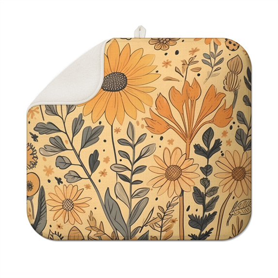Sunflower Flower Dish Drying Mat for Kitchen, Microfiber Absorbent Dish Pad, Foldable Floral Rack Mat for Sink Area, 16x18 Inch