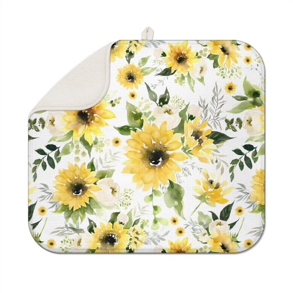 Sunflower Flower Dish Drying Mat with Microfiber Surface, Foldable Absorbent Counter Pad 16x18 Inch for Kitchen Use