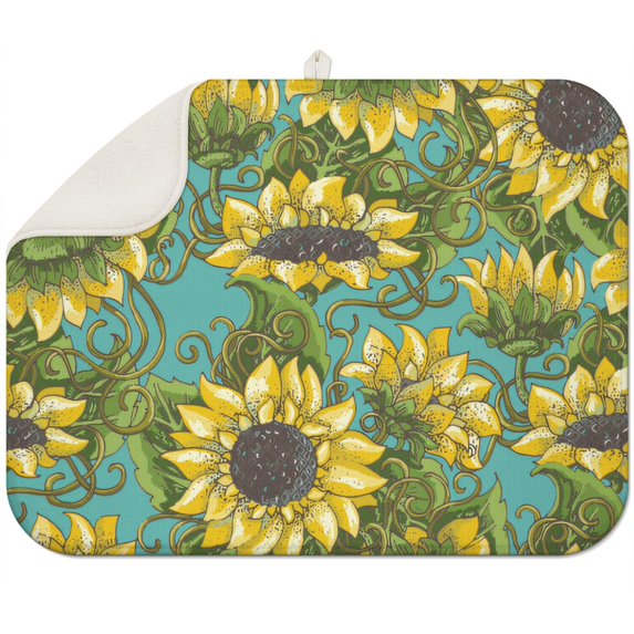 Sunflower Flower Dish Drying Pad, 18x24 Inch Microfiber Kitchen Rack Mat, Foldable and Absorbent Mat for Sink or Tabletop